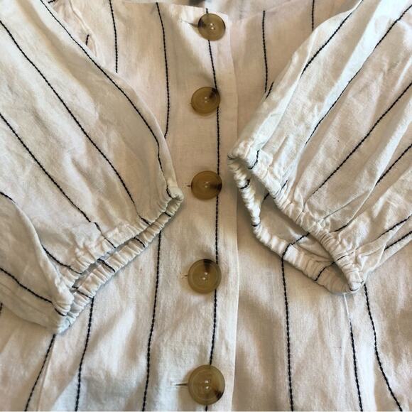 Boho Linen Square Neck Puff Sleeve Pin Striped Cropped Top Women’s Small Cream - Picture 4 of 10